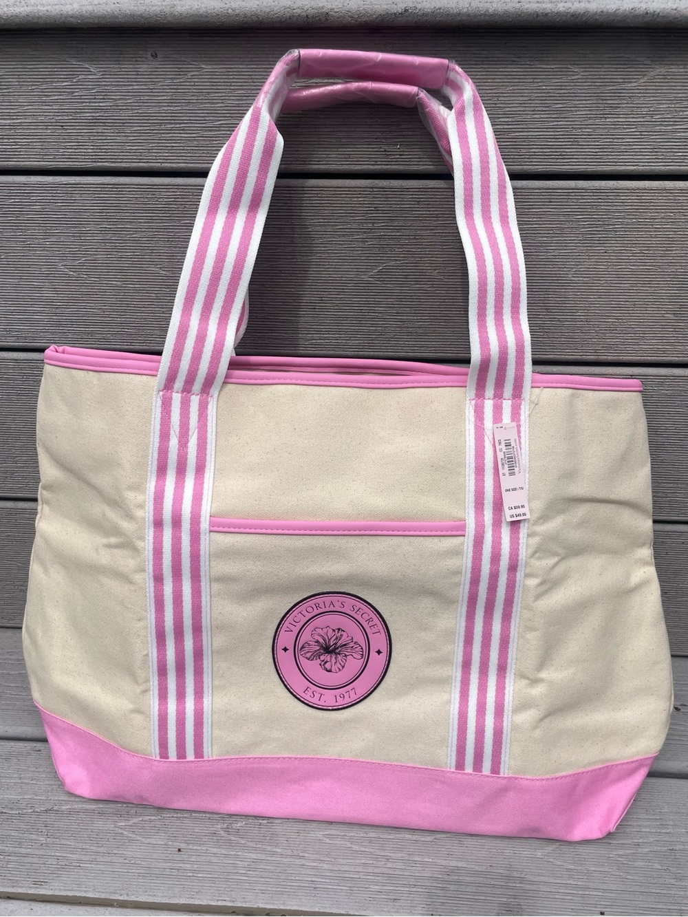Victoria’s Secret StripedPink Flower Hibiscus Canvas Weekender Tote Bag 2026 NWT